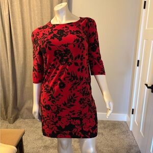 Chicos Red Floral Sheath Dress with Black Print